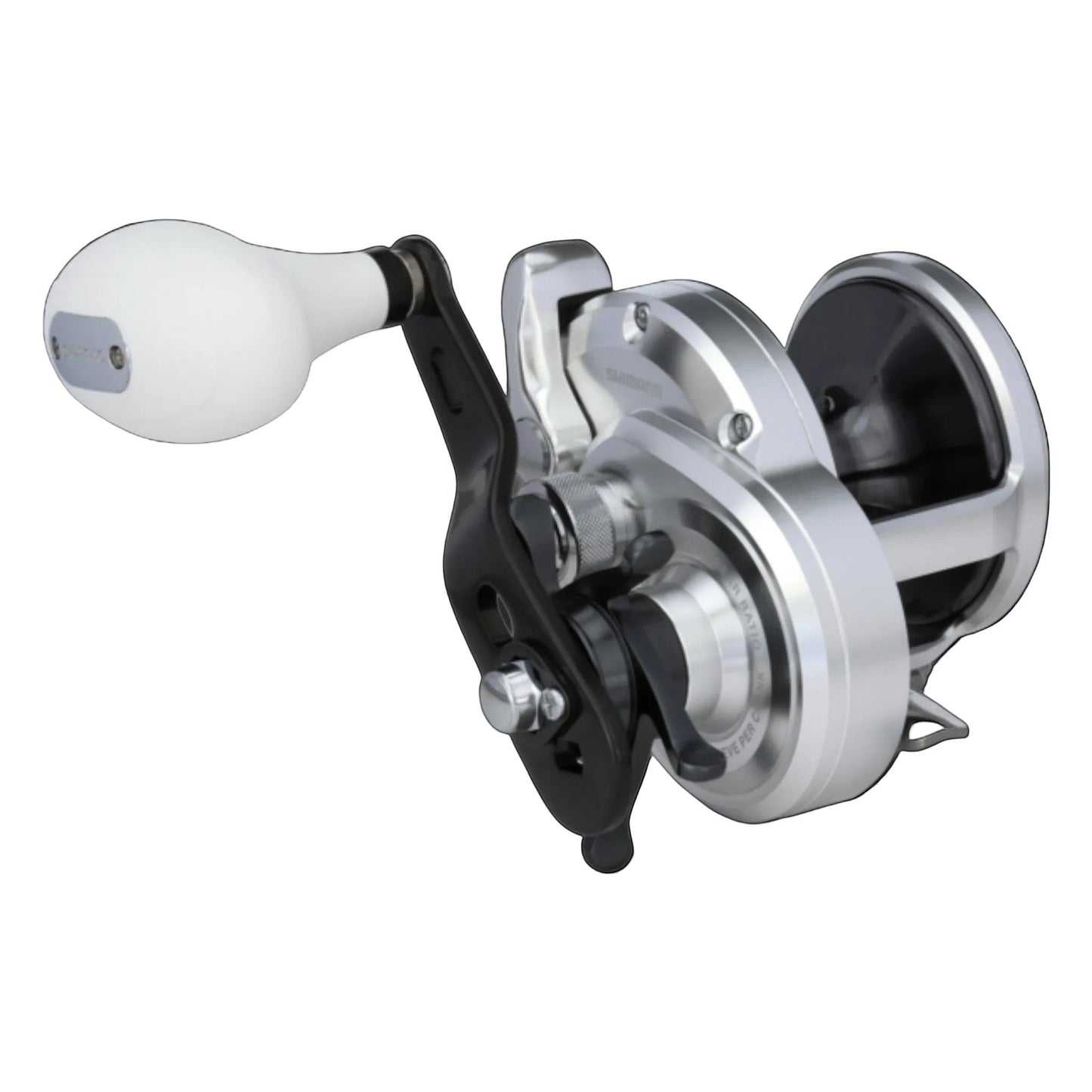 Dogfish Tackle & Marine Shimano Trinidad A Star Drag Conventional Reel, silver and black with white handle.