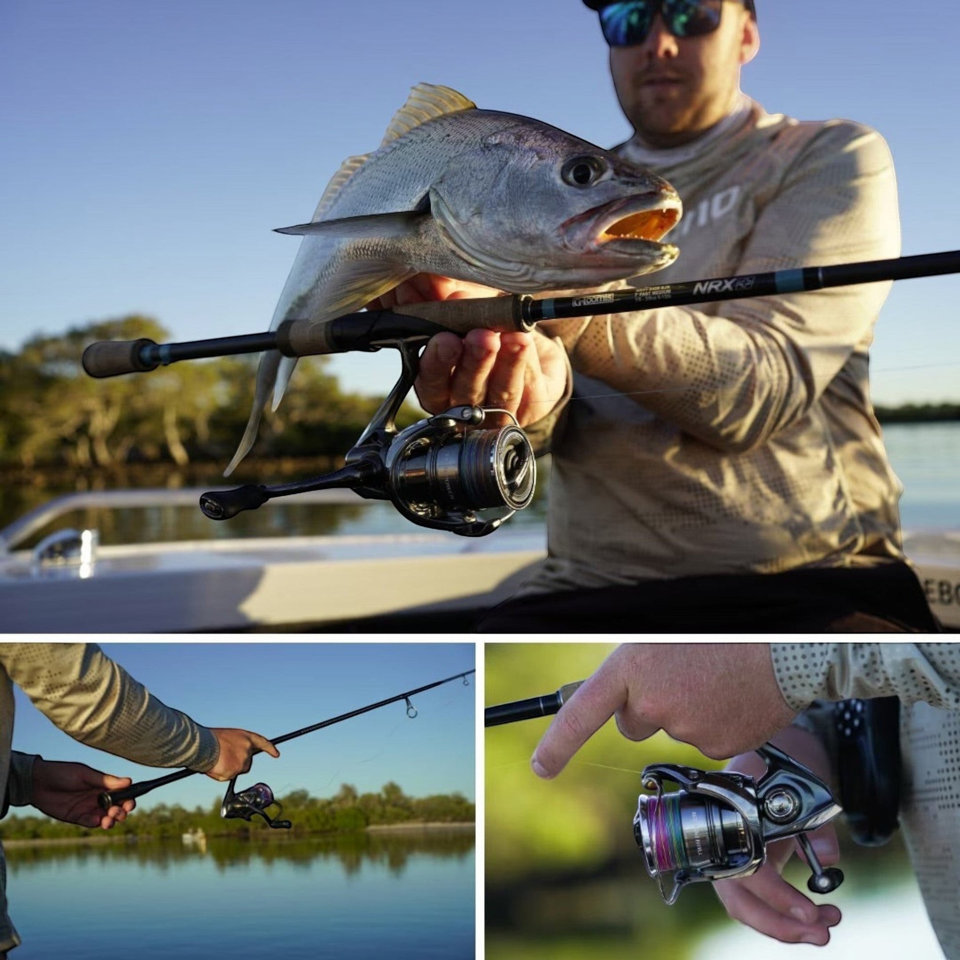 Dogfish Tackle & Marine Shimano Twin Power FE spinning reel, silver and black, with Infinity Drive and DuraCross drag system.