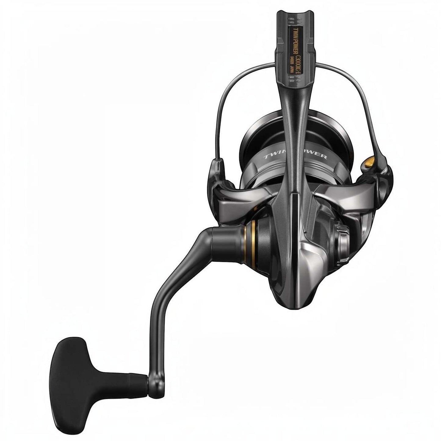 Dogfish Tackle & Marine Shimano Twin Power FE spinning reel, dark grey with gold accents, CI4+ and aluminum body, for freshwater and inshore fishing.