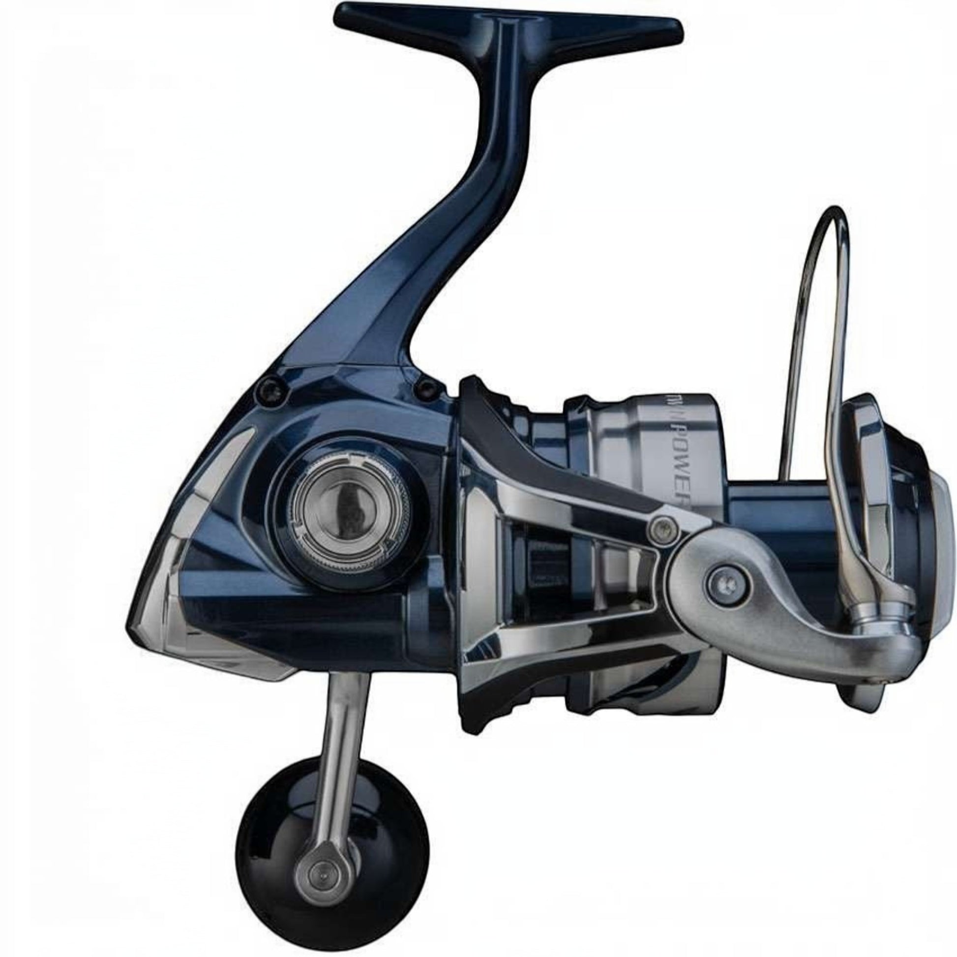Dogfish Tackle & Marine Shimano Twinpower SW Spinning Reel, dark blue and silver, with Infinity Drive and Heatsink Drag for offshore fishing.