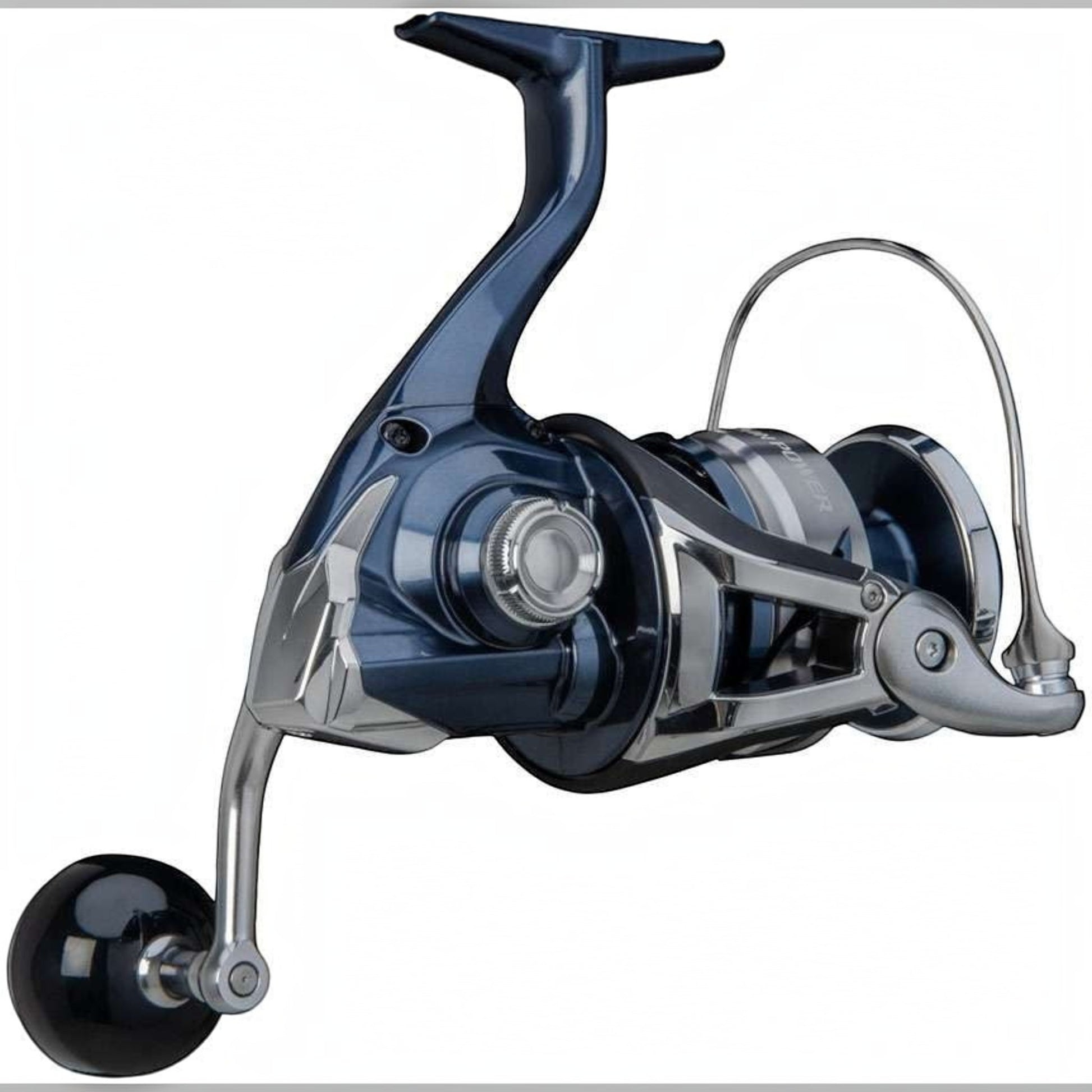 Dogfish Tackle & Marine Shimano Twinpower SW spinning reel, dark blue and silver with black handle knob. Designed for offshore game fish.