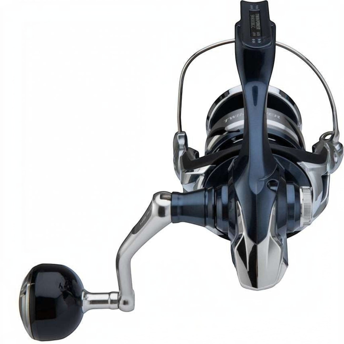 Dogfish Tackle & Marine Shimano Twinpower SW Spinning Reel, dark blue and silver, with black handle knob. Designed for offshore game fish.
