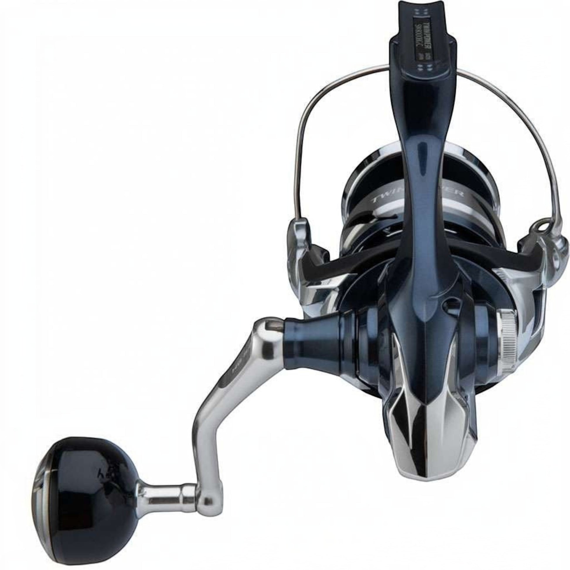 Dogfish Tackle & Marine Shimano Twinpower SW Spinning Reel, dark blue and silver, with black handle knob. Designed for offshore game fish.