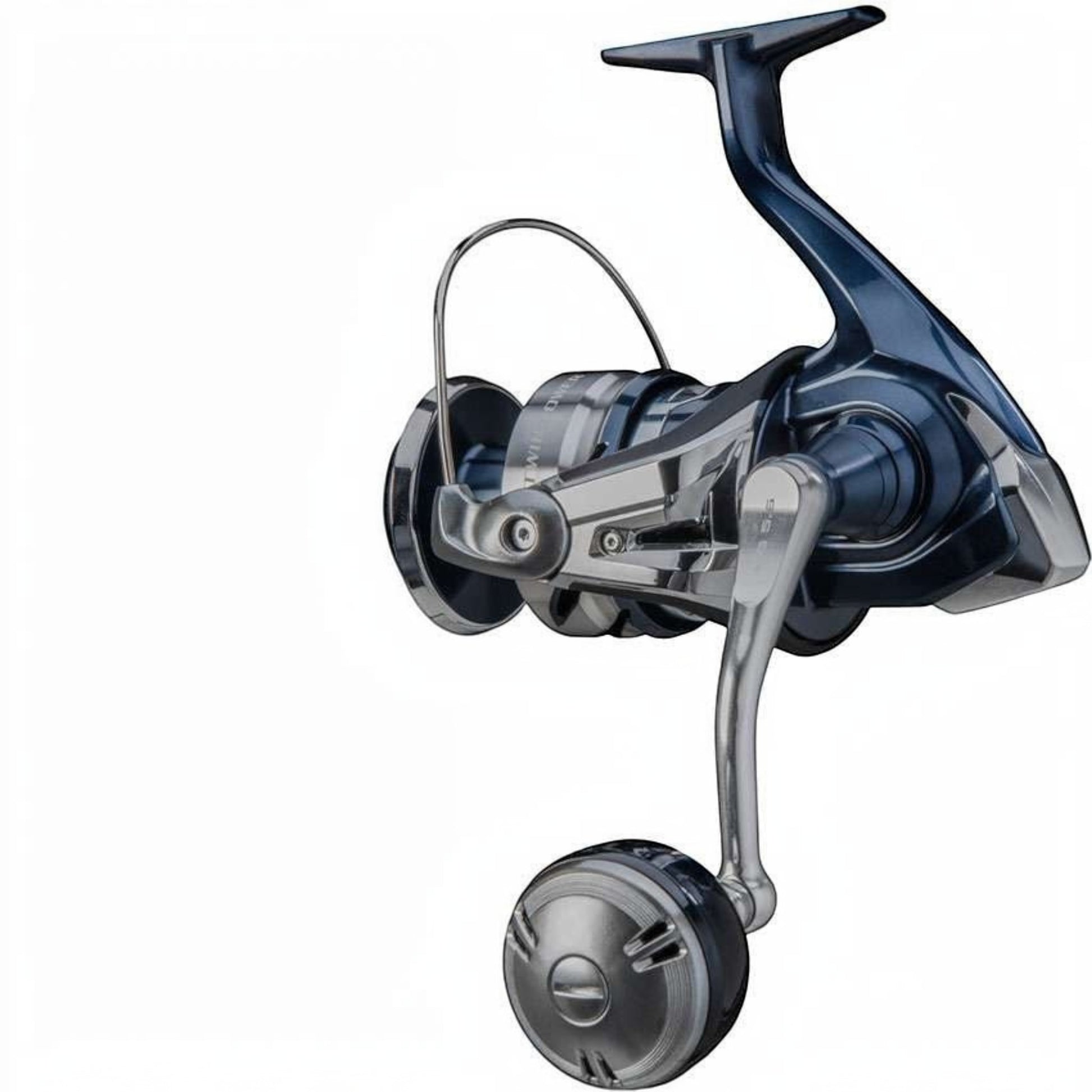Dogfish Tackle & Marine Shimano Twinpower SW spinning reel in dark blue and silver with a metal body and handle.