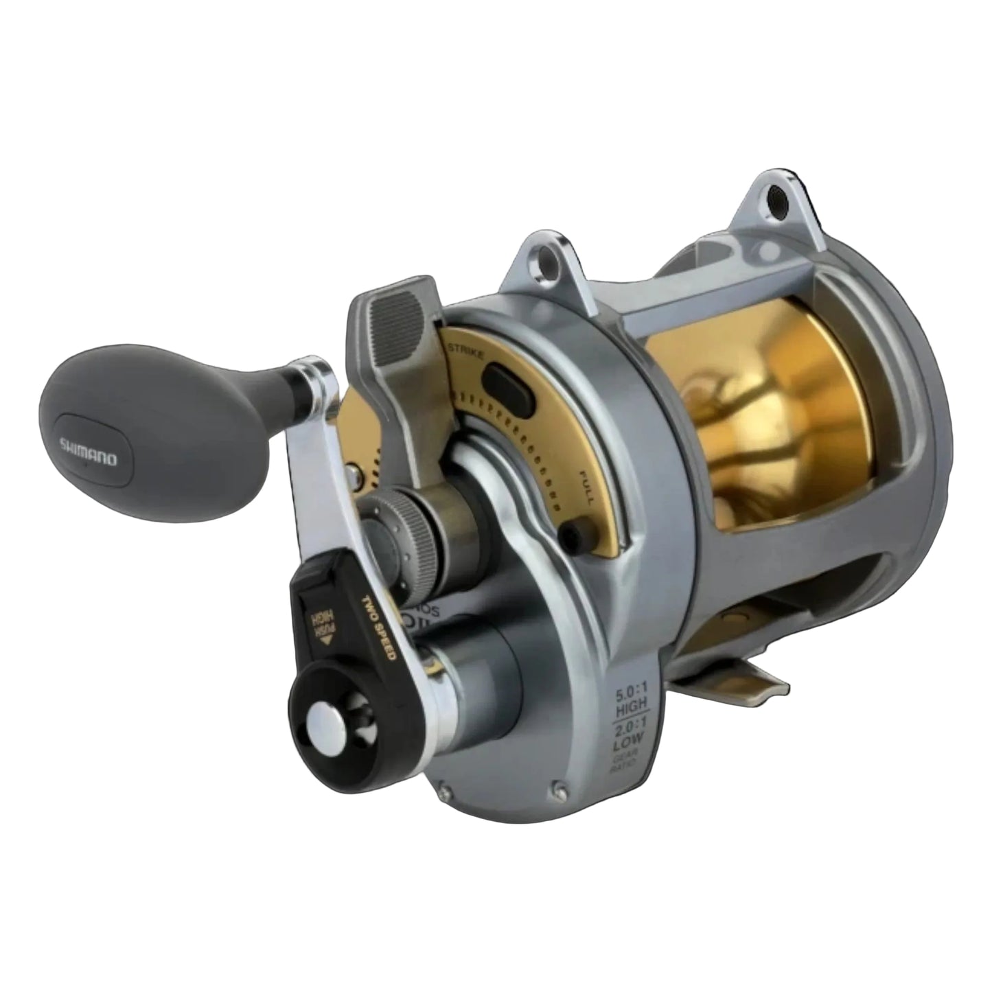 Dogfish Tackle & Marine Shimano Tyrnos 2-Speed conventional fishing reel, silver and gold, with lever drag and two speed gearbox.
