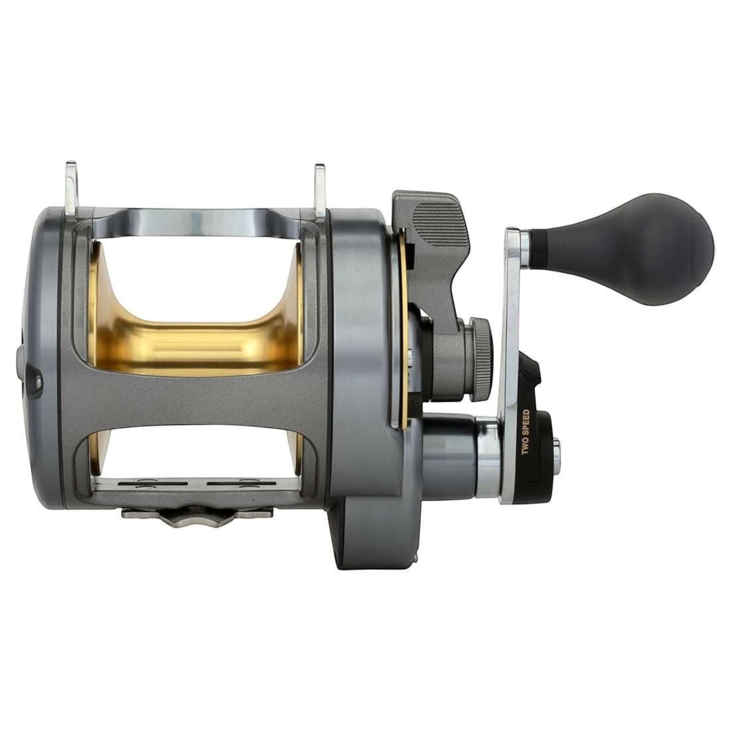 Dogfish Tackle & Marine Shimano Tyrnos 2-Speed conventional fishing reel, gray with gold spool, lever drag, and black handle.