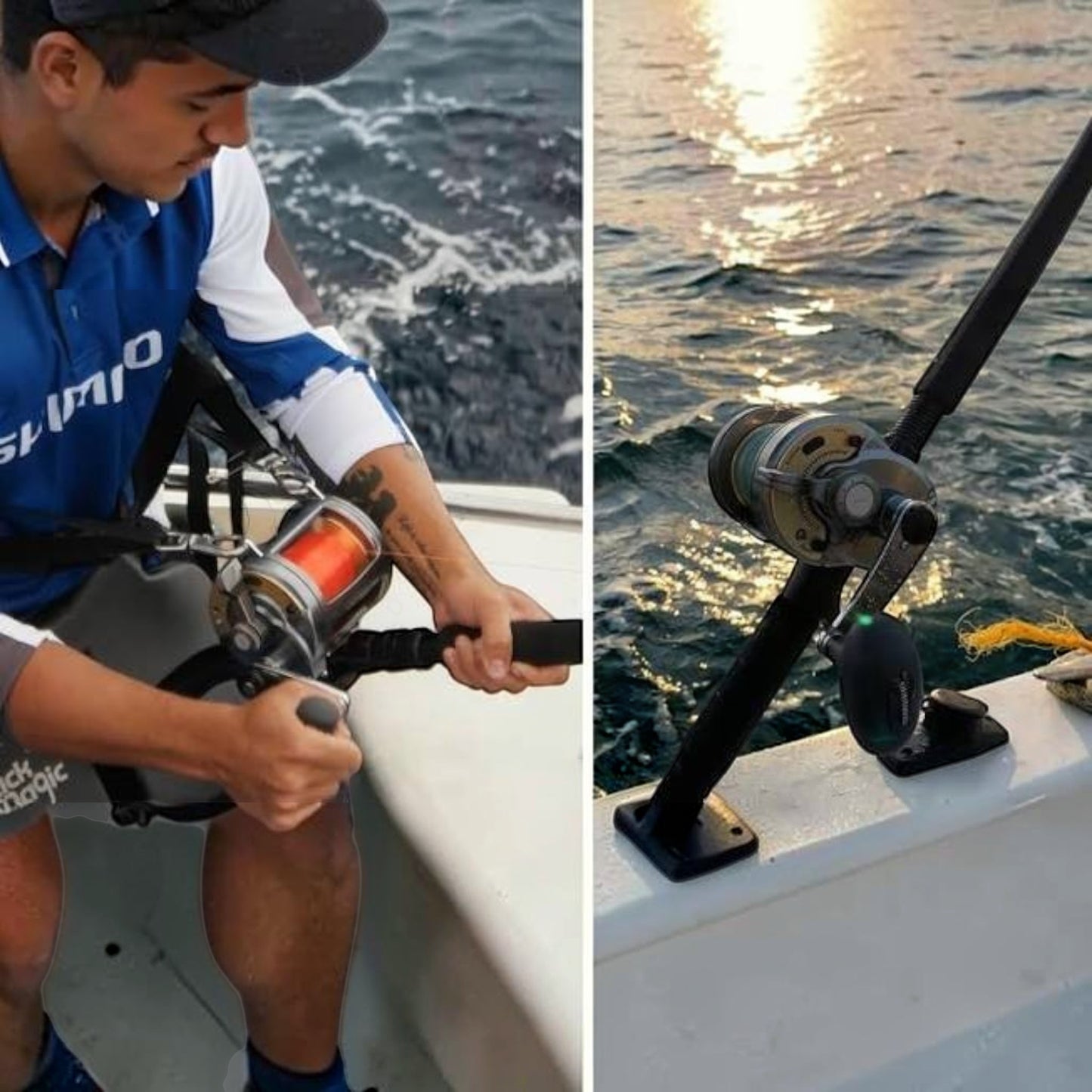 Dogfish Tackle & Marine Shimano Tyrnos 2-Speed conventional fishing reel with orange line, on a boat.