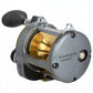 Dogfish Tackle & Marine Shimano Tyrnos 2-Speed conventional fishing reel, gray with gold spool, 5.0:1 high gear ratio.