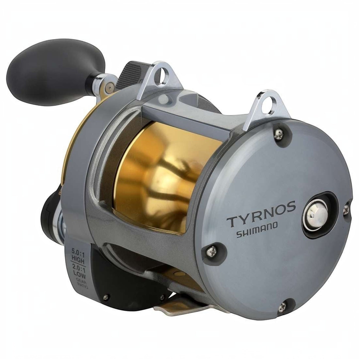 Dogfish Tackle & Marine Shimano Tyrnos 2-Speed conventional fishing reel, gray with gold spool, 5.0:1 high gear ratio.