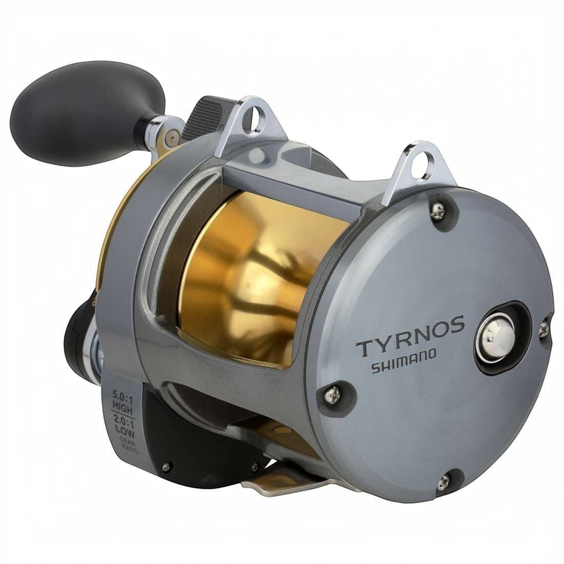 Dogfish Tackle & Marine Shimano Tyrnos 2-Speed conventional fishing reel, gray with gold spool, 5.0:1 high gear ratio.