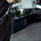 Dogfish Tackle & Marine Shimano Vanford FA spinning reel with neon green fishing line, black body, and silver accents.