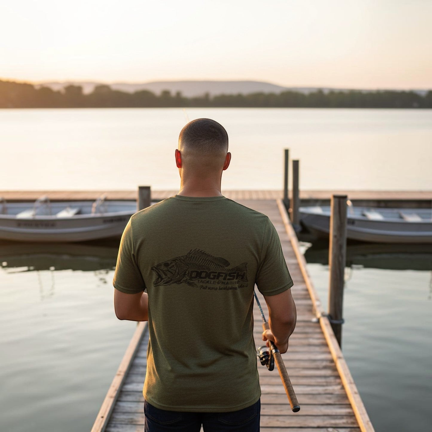 Dogfish Tackle & Marine olive green heather short sleeve t-shirt with skeleton fish graphic on back.