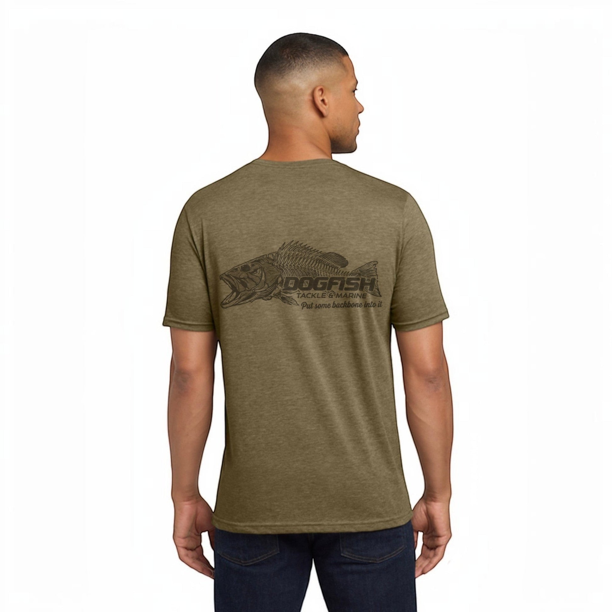 Dogfish Tackle & Marine olive green heather short sleeve t-shirt with skeleton fish graphic and tagline on back.