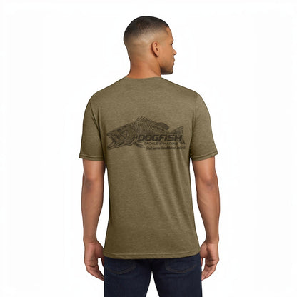 Dogfish Tackle & Marine olive green heather short sleeve t-shirt with skeleton fish graphic and tagline on back.