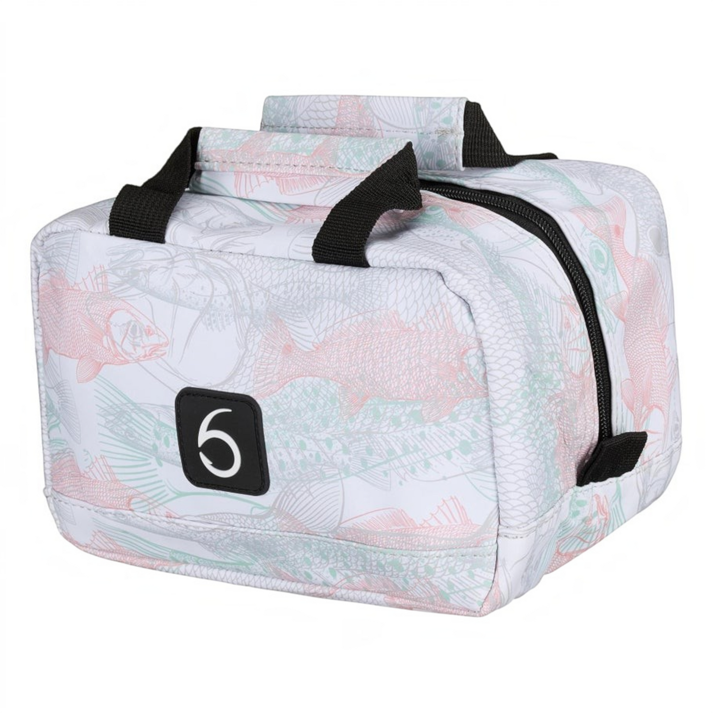 Dogfish Tackle & Marine 6th Sense small bait bag with white, pink, and green fish pattern and black carry handles.
