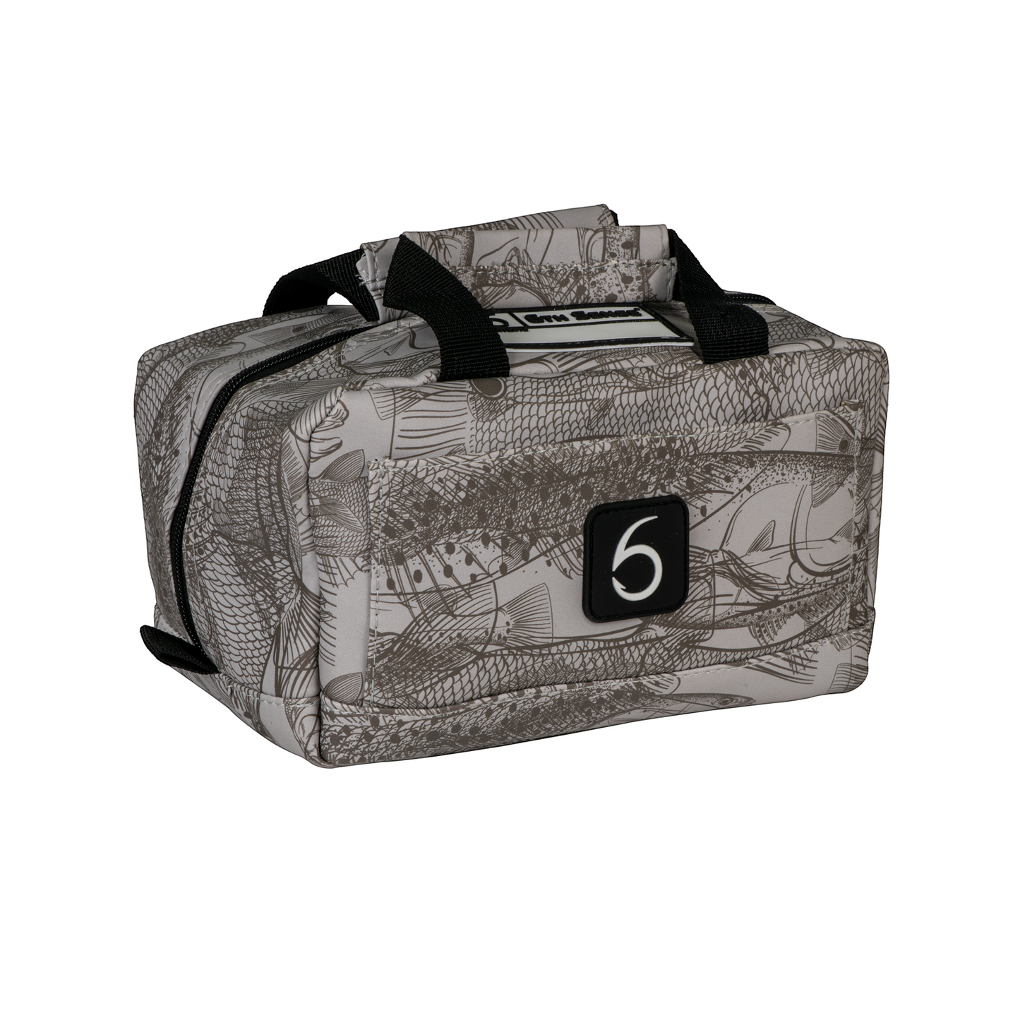 Dogfish Tackle & Marine 6th Sense small bait bag in grey with fish pattern, featuring a label slot and carry handle.