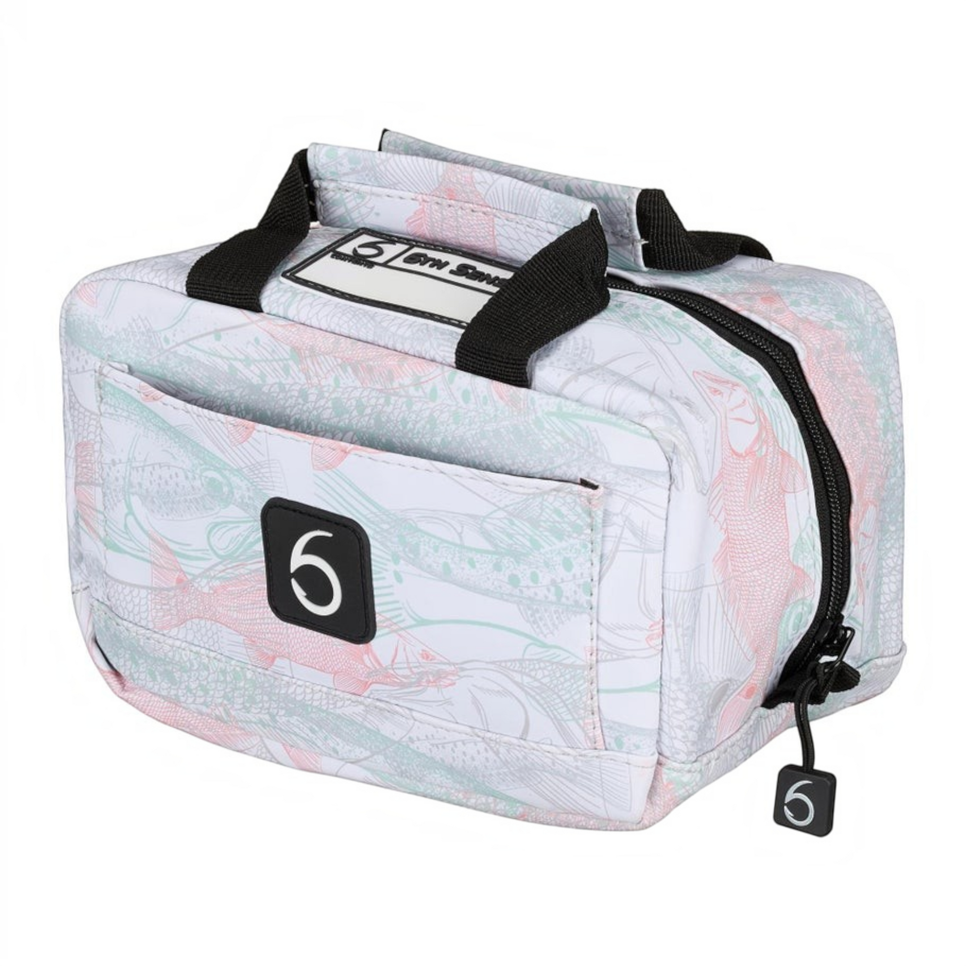 Dogfish Tackle & Marine 6th Sense small bait bag with a white fish pattern, black handles, and label slot.