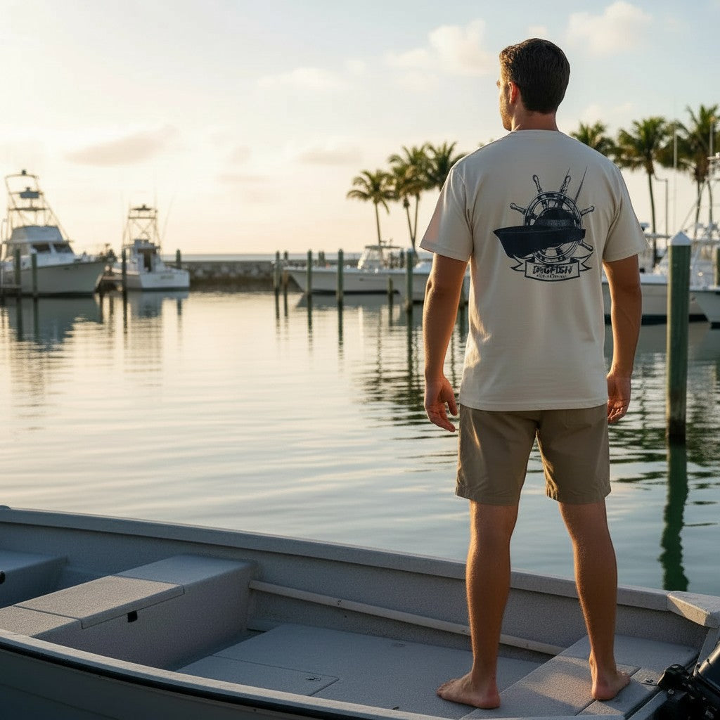 Dogfish Tackle & Marine short sleeve t-shirt in beige, made of poly cotton jersey, featuring a sport fish logo on the back.