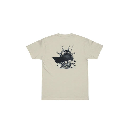 Dogfish Tackle & Marine short sleeve crew neck t-shirt in light beige poly cotton jersey with a graphic logo of a ship's wheel and boat.