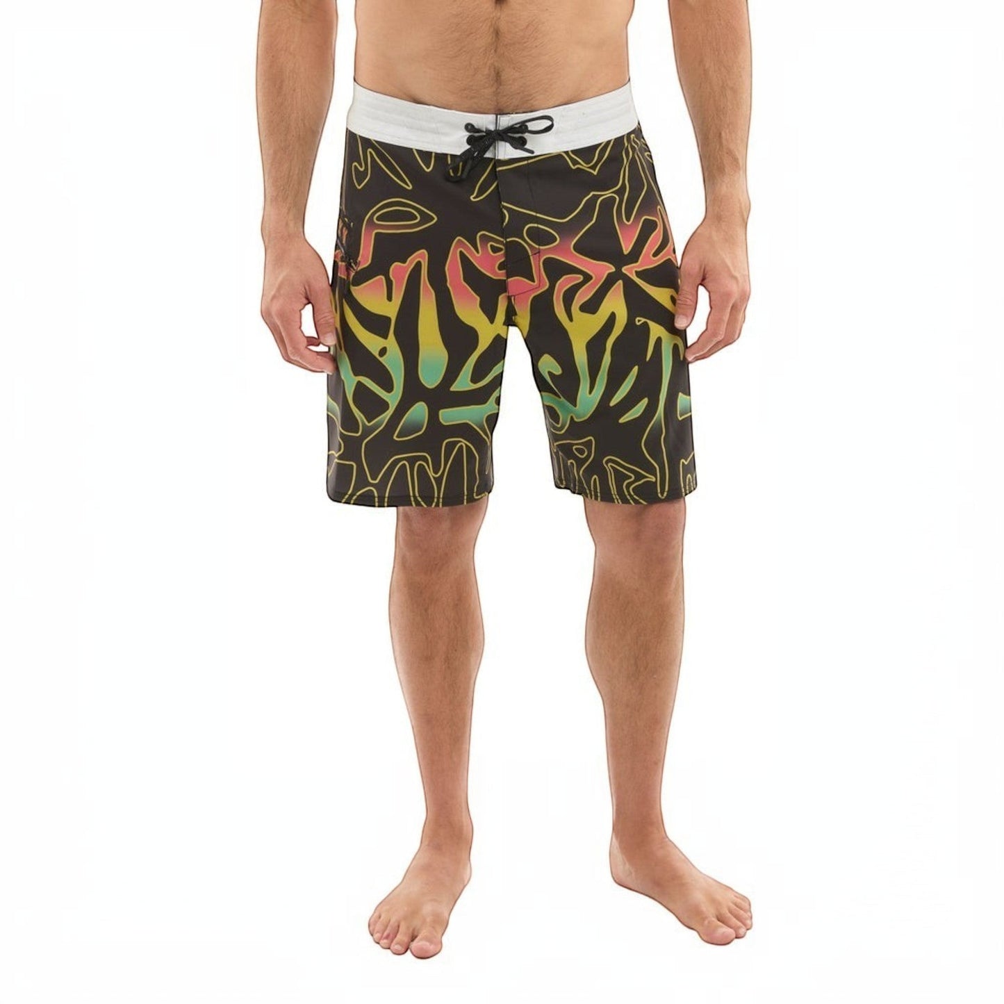Dogfish Tackle & Marine black boardshorts with abstract yellow, green, and pink graphic print. Features white waistband and drawstring.