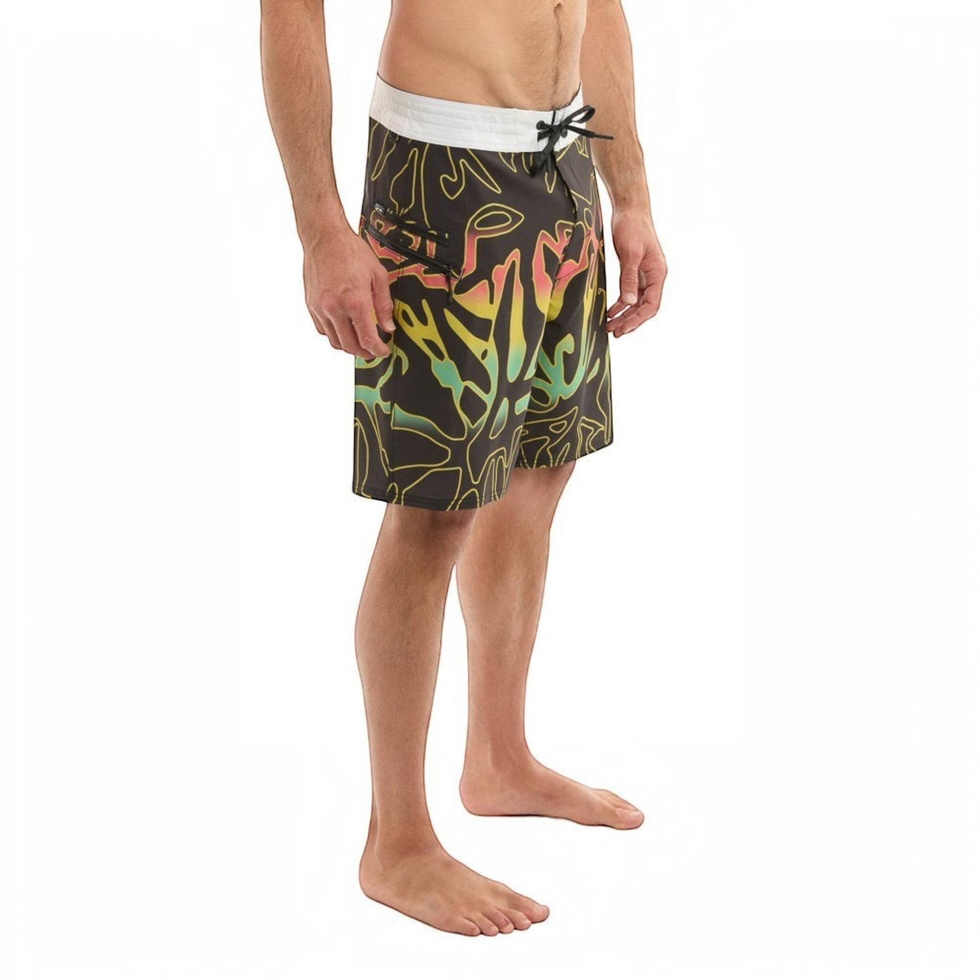 Dogfish Tackle & Marine black boardshorts with abstract yellow, pink, and green print. Features white waistband and zip pockets.