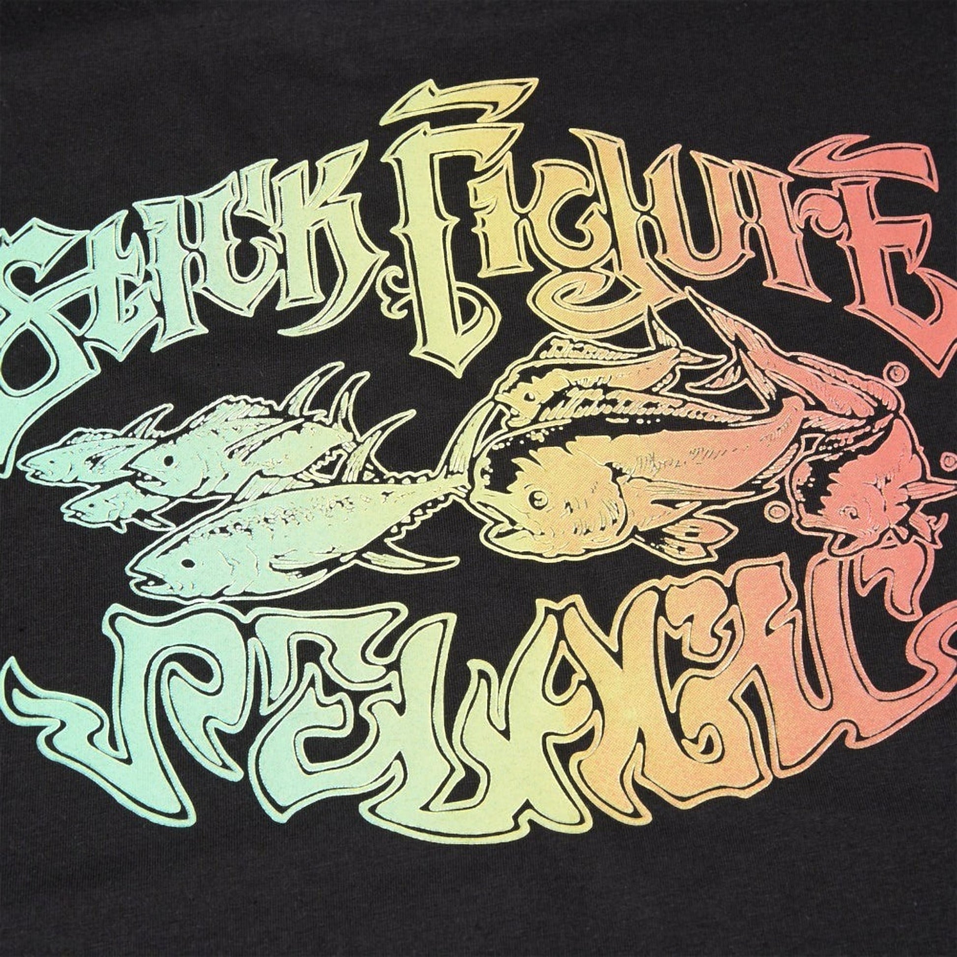 Dogfish Tackle & Marine black crop tee with a colorful graphic of fish and "Stick Figure" text.