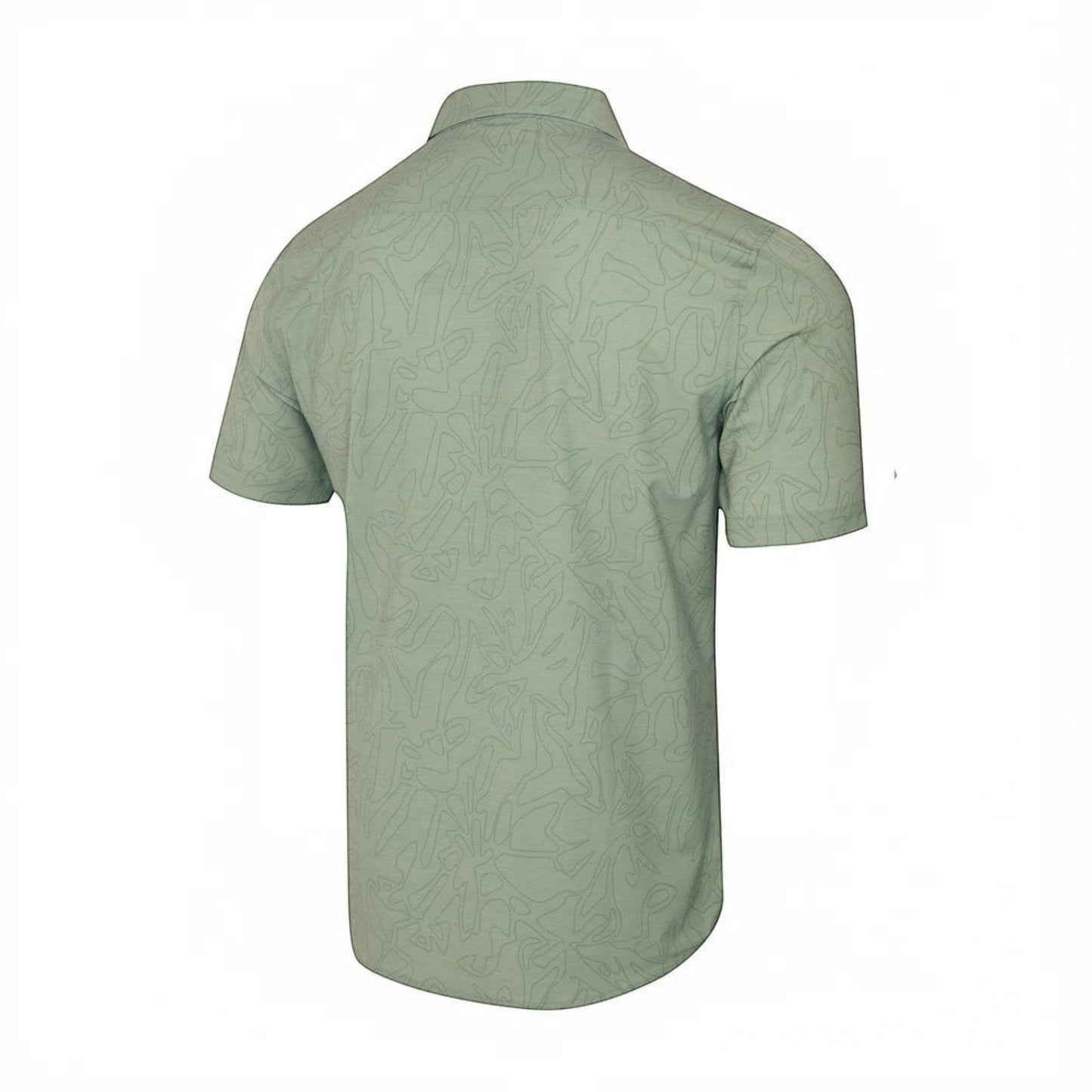 Dogfish Tackle & Marine sage green short sleeve button-down shirt with all-over stick figure pattern. UPF 50+.