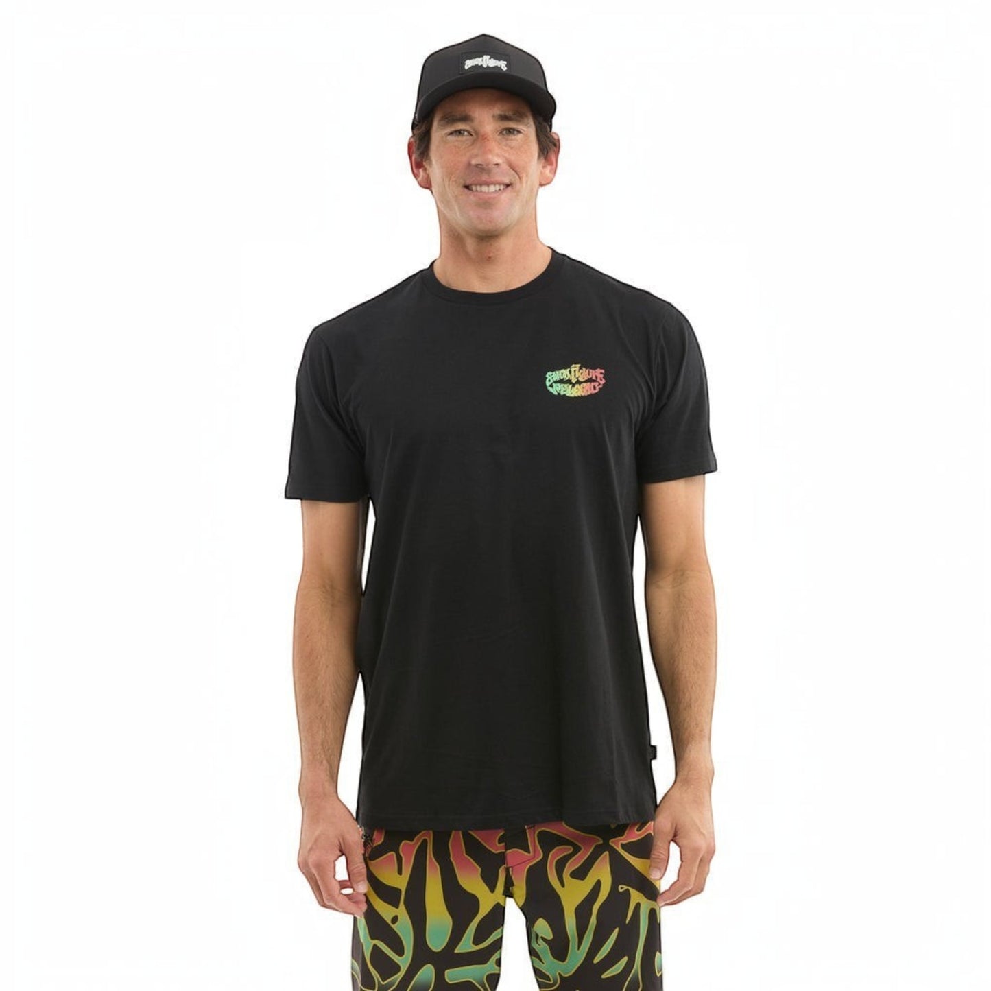 Dogfish Tackle & Marine black cotton poly t-shirt with colorful Stick Figure logo on chest.