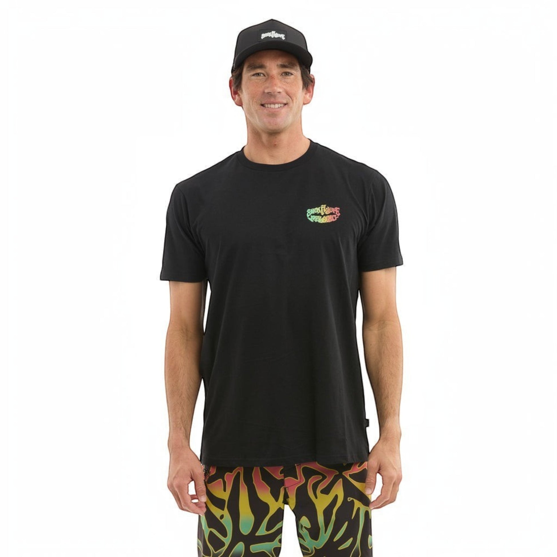 Dogfish Tackle & Marine black cotton poly t-shirt with colorful Stick Figure logo on chest.