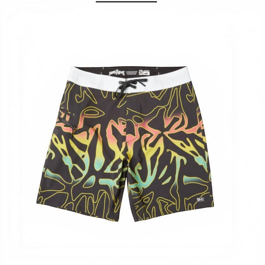 Dogfish Tackle & Marine black boardshorts with abstract yellow, pink, and green print, white waistband, and zip pocket.