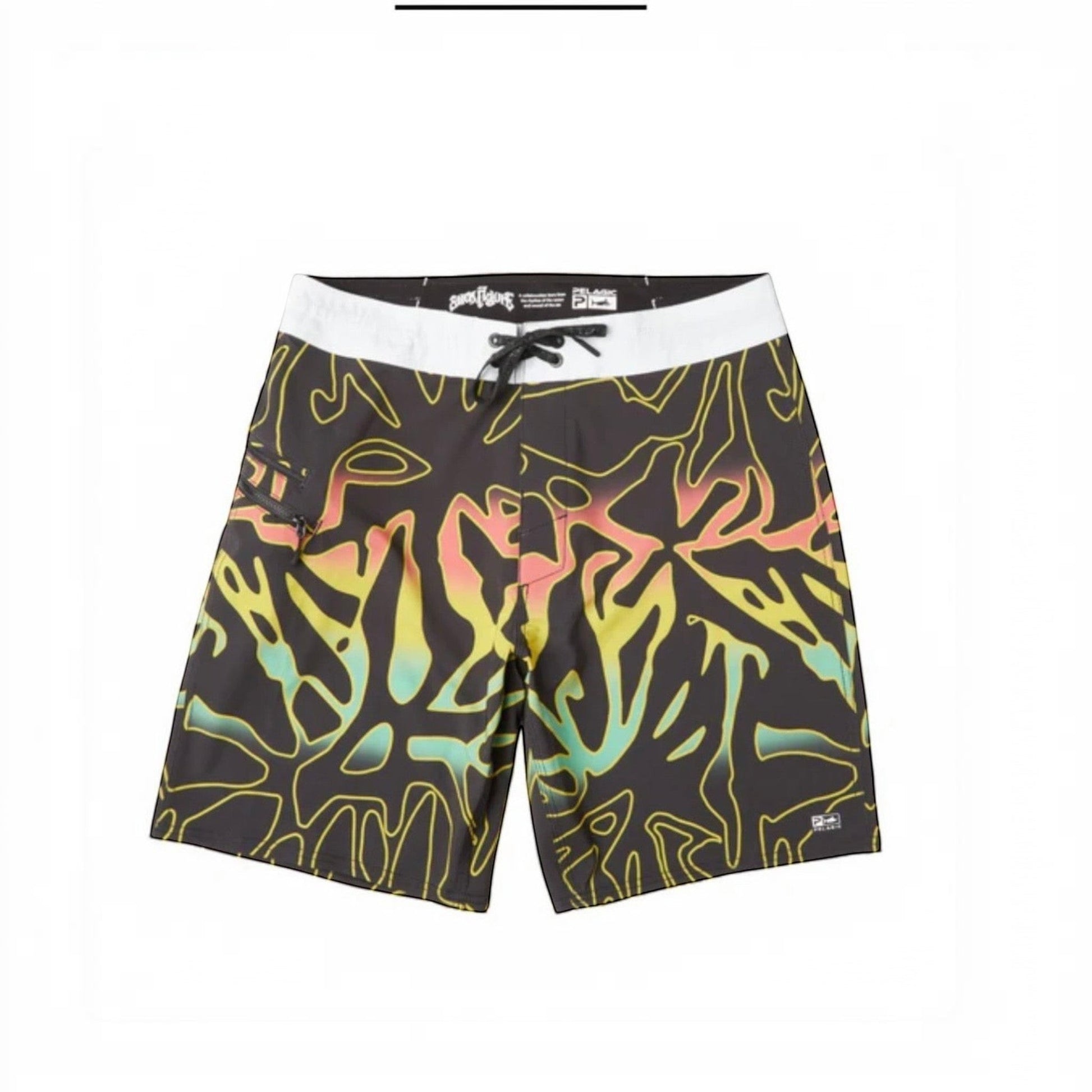 Dogfish Tackle & Marine black boardshorts with abstract yellow, pink, and green graphic print. Features zip pocket.