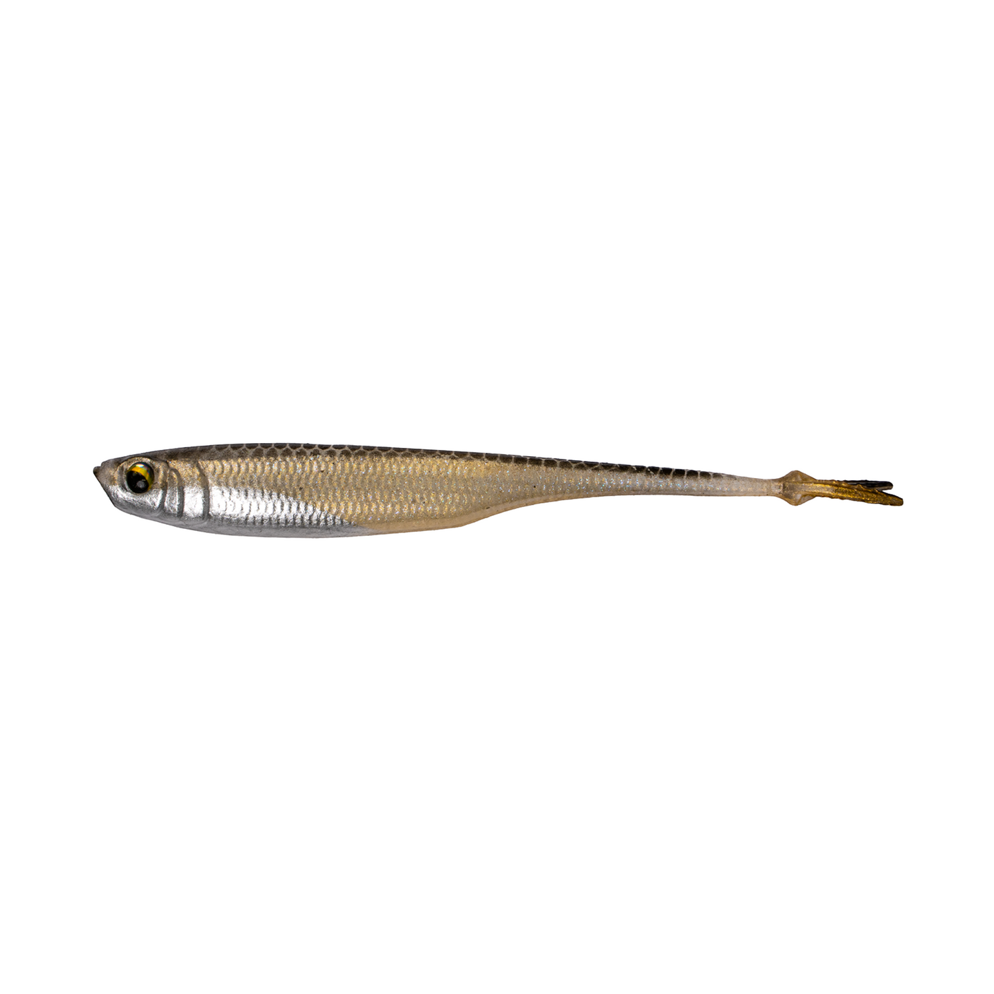 Dogfish Tackle & Marine 6th Sense Strobe Minnow soft plastic bait with realistic silver and gold scale finish