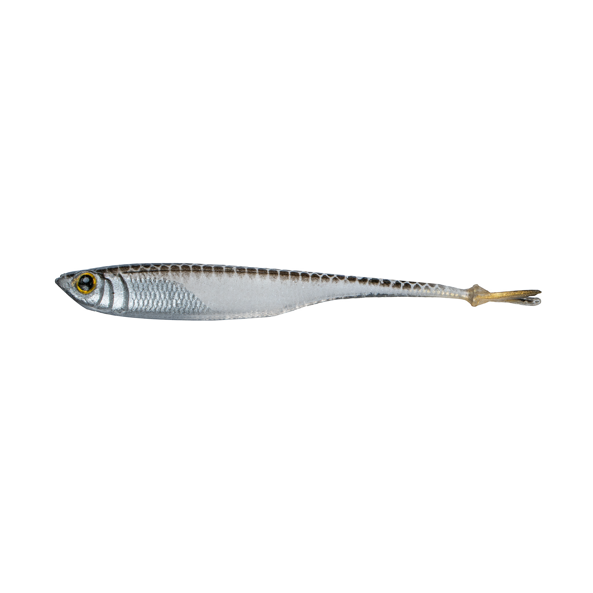 Dogfish Tackle & Marine 6th Sense Strobe Minnow soft plastic bait with realistic silver scales and 3D eye.
