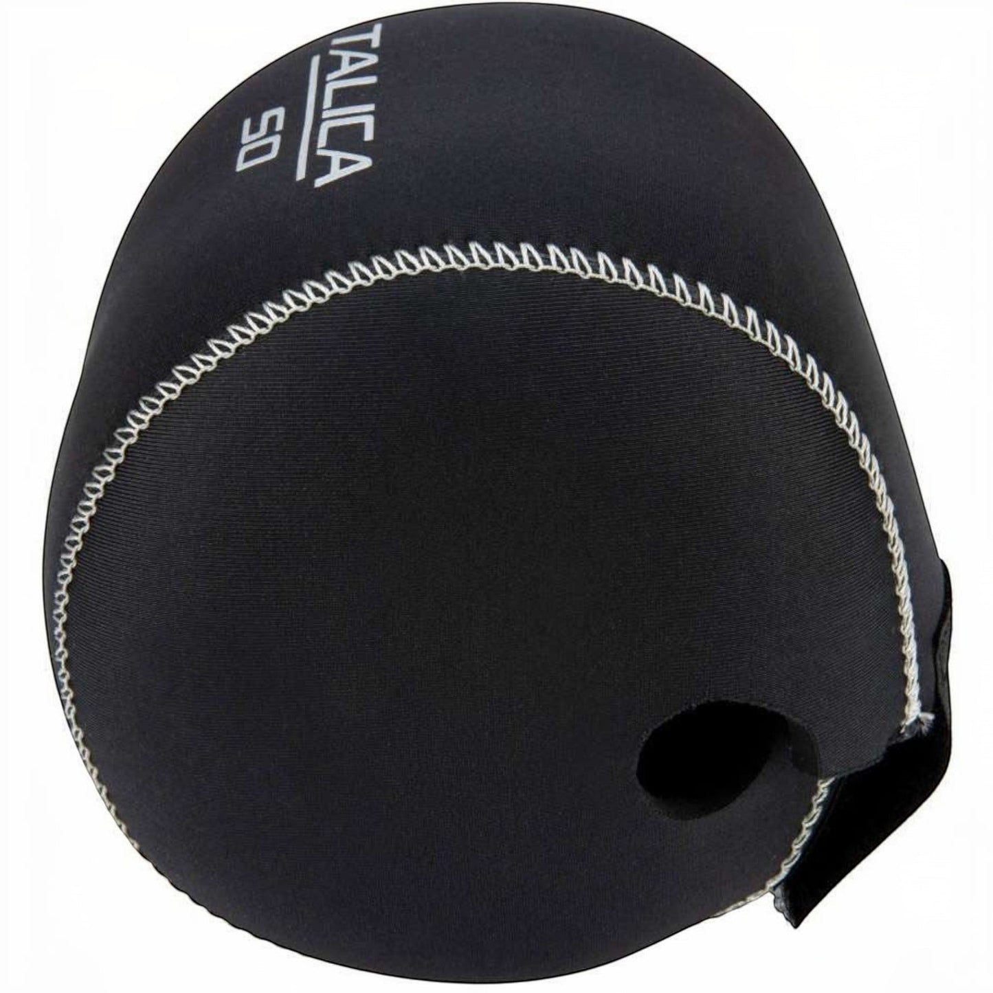 Dogfish Tackle & Marine black neoprene reel cover with white Talica logo and 50 size indicator.