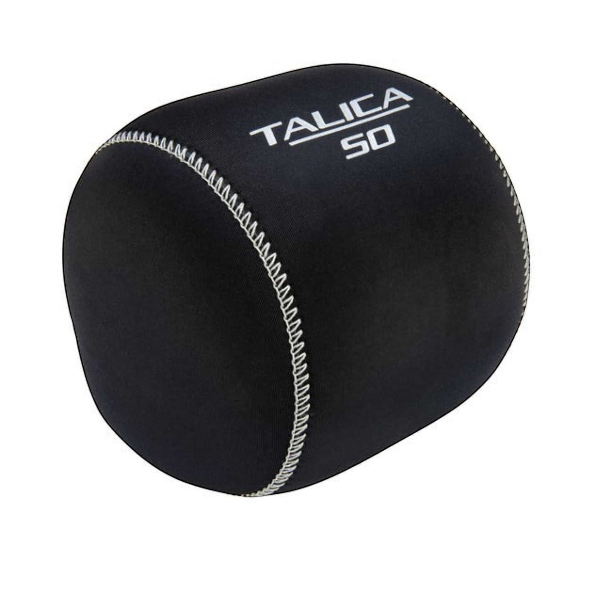 Dogfish Tackle & Marine black neoprene Talica 50 reel cover with white stitching and silver logo.