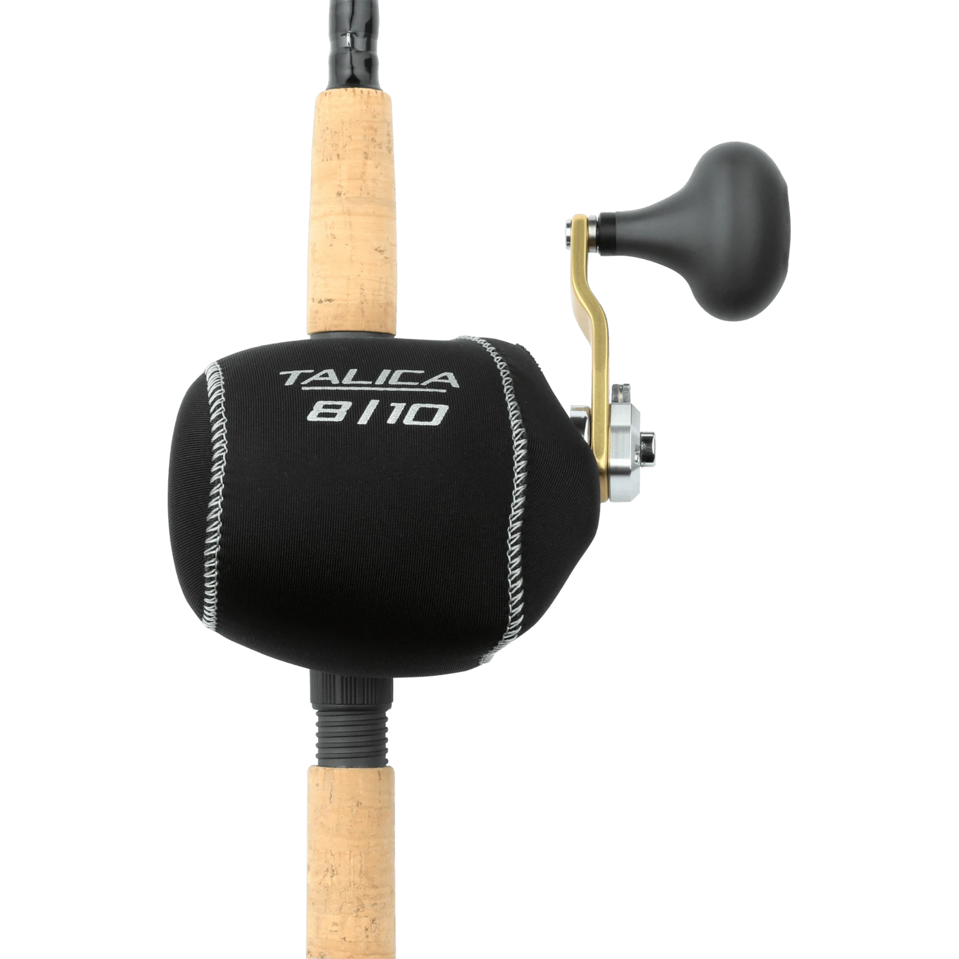 Dogfish Tackle & Marine black neoprene reel cover with silver Talica 8/10 logo, designed for Shimano Talica reels.