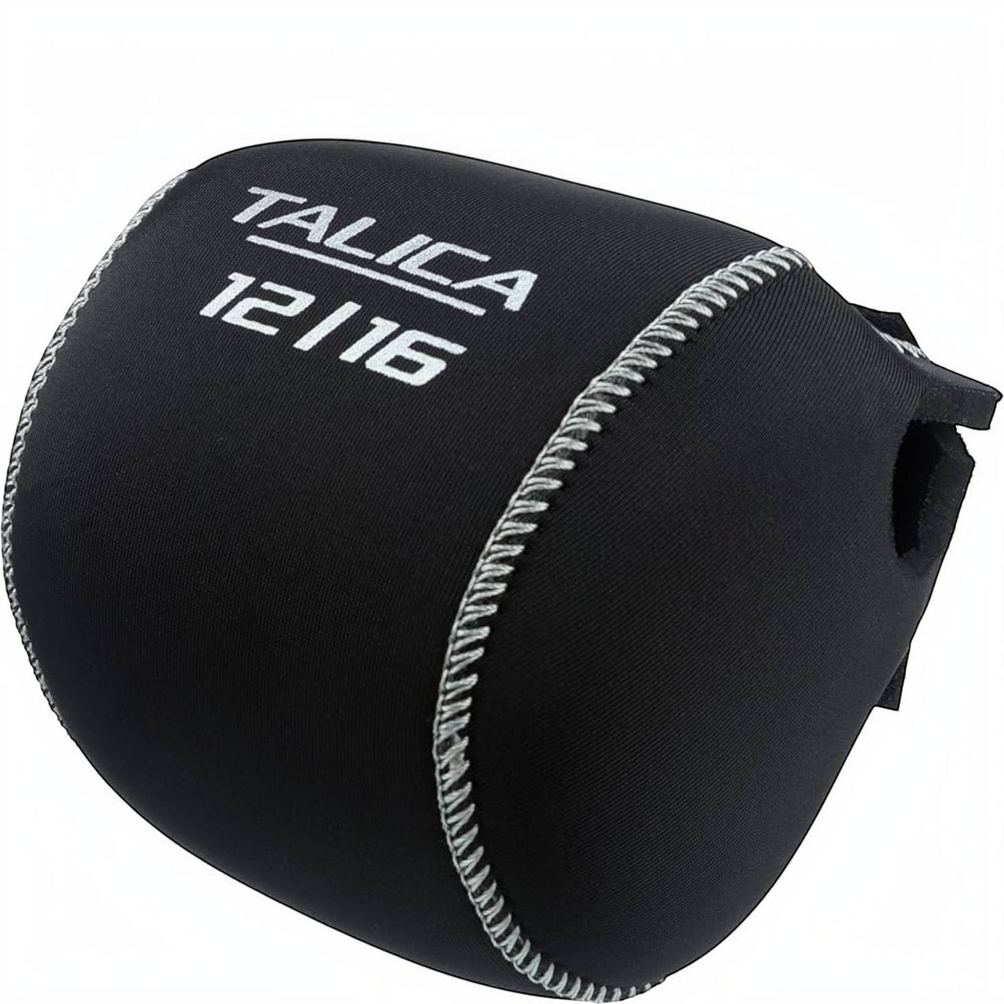 Dogfish Tackle & Marine black neoprene reel cover with white Talica 12/16 logo, designed for protecting fishing reels.