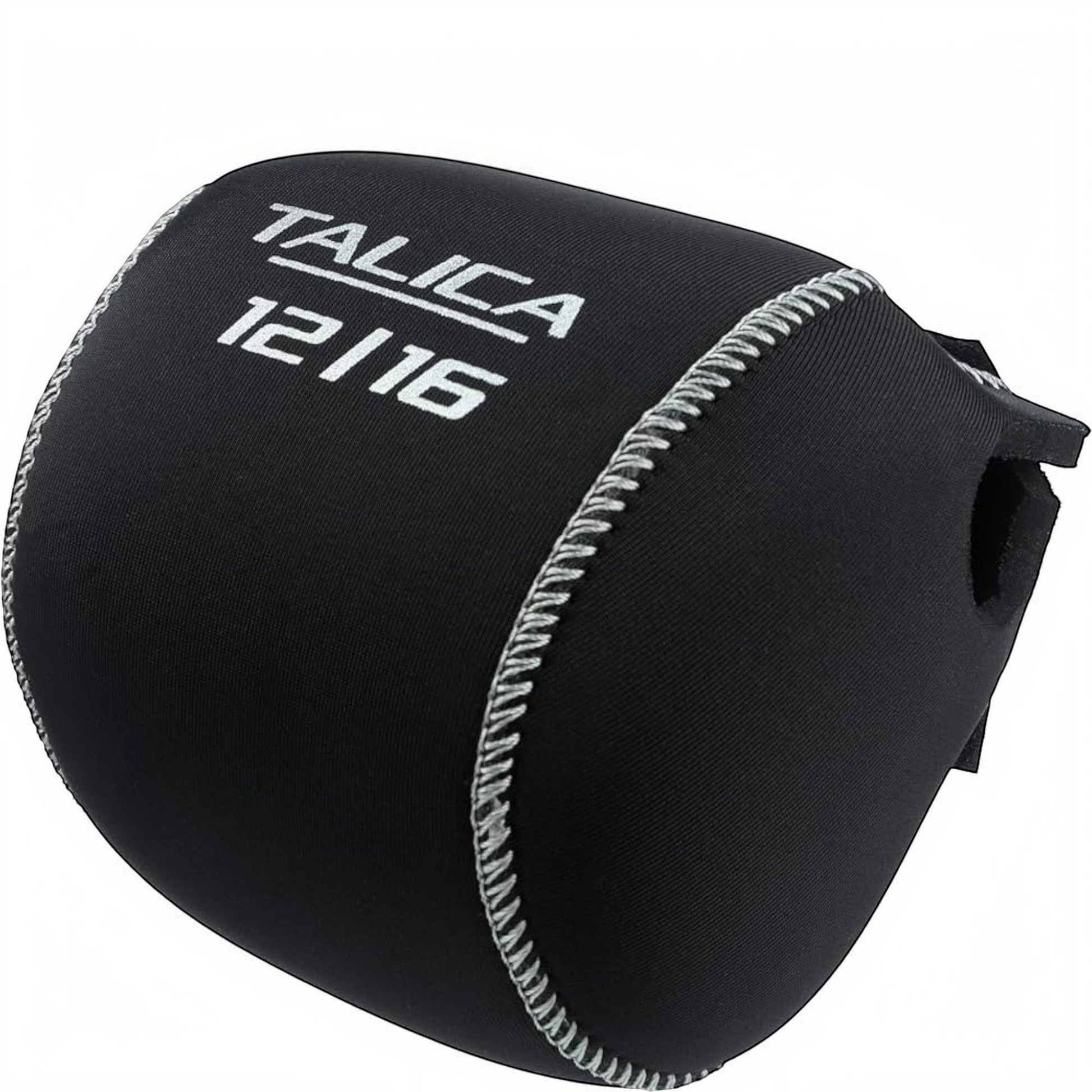 Dogfish Tackle & Marine black neoprene reel cover with white Talica 12/16 logo, designed for protecting fishing reels.