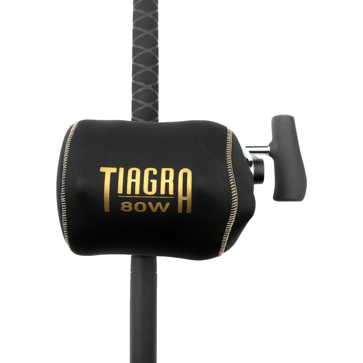 Dogfish Tackle & Marine black neoprene reel cover with gold TIAGRA 80W logo and stitching, designed for specific Tiagra reels.