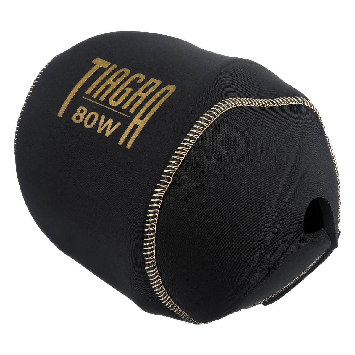 Dogfish Tackle & Marine black neoprene reel cover with gold TIAGRA 80W logo and stitching