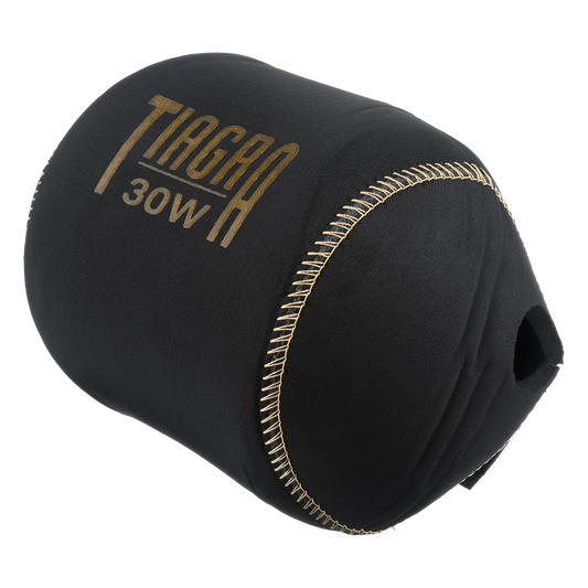 Dogfish Tackle & Marine black neoprene reel cover with gold TIAGRA 30W logo and gold stitching.
