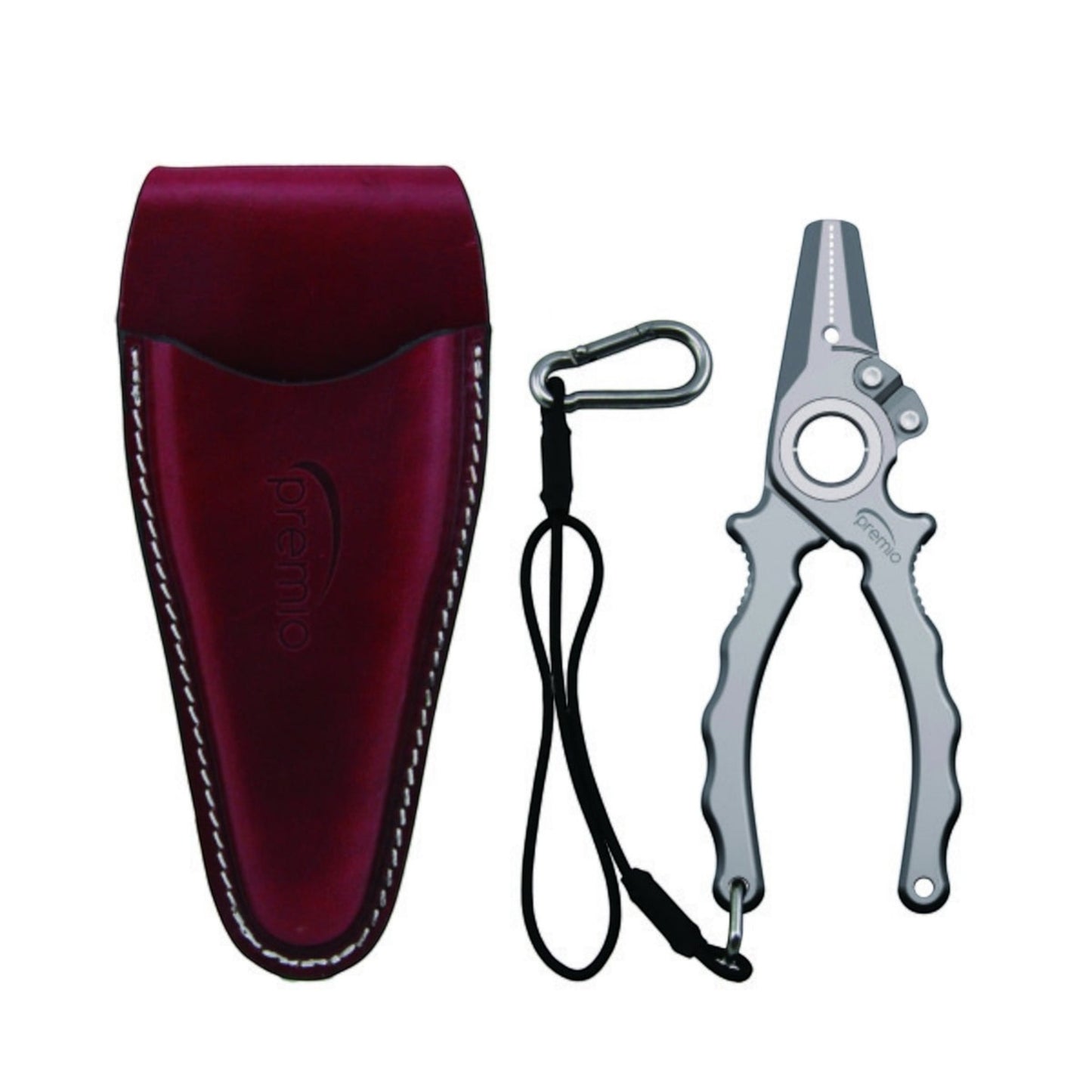 Dogfish Tackle & Marine Danco Premio titanium fishing pliers with a leather sheath, lanyard, and matte finish.