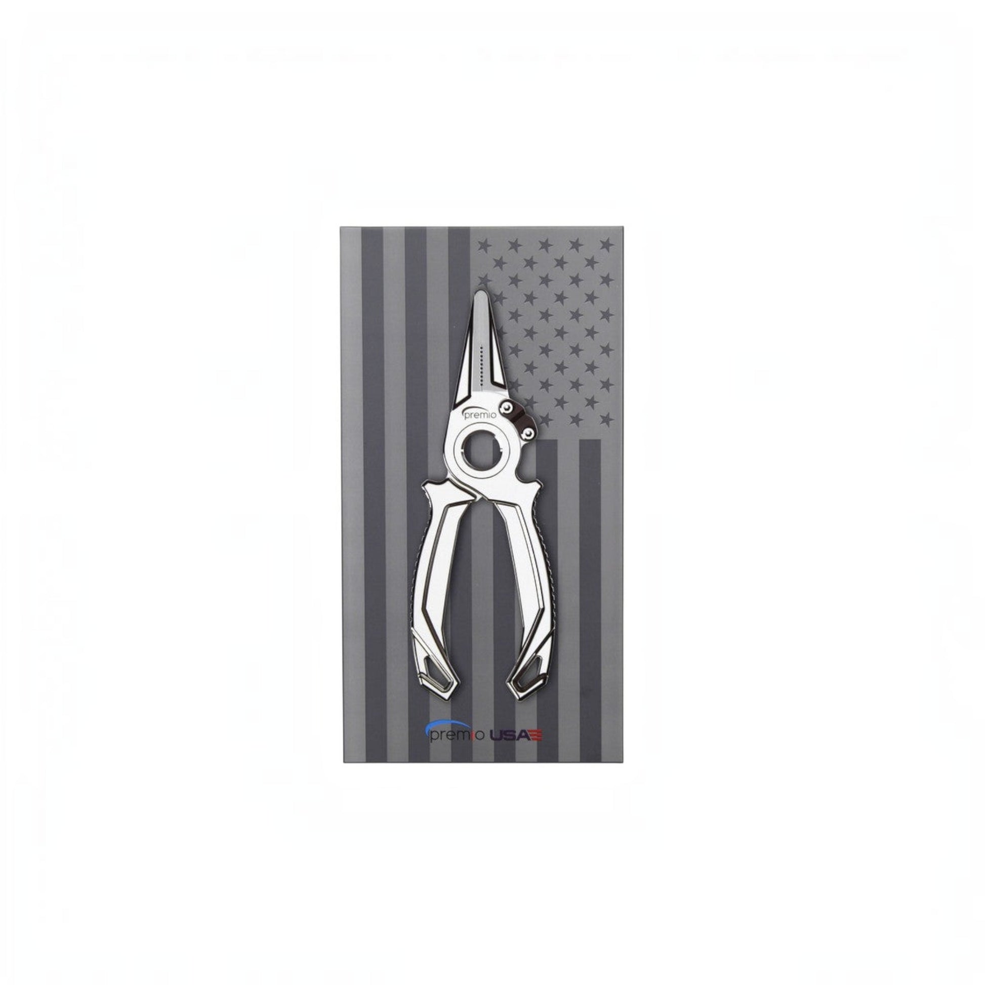 Dogfish Tackle & Marine Danco Premio USA 6.5-inch titanium fishing pliers with polished finish on American flag box