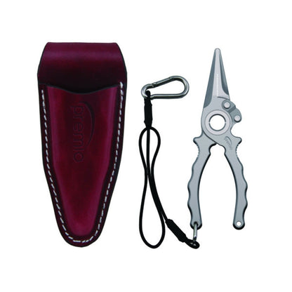 Dogfish Tackle & Marine Danco Premio titanium fishing pliers with leather sheath, lanyard, and stainless steel D ring.
