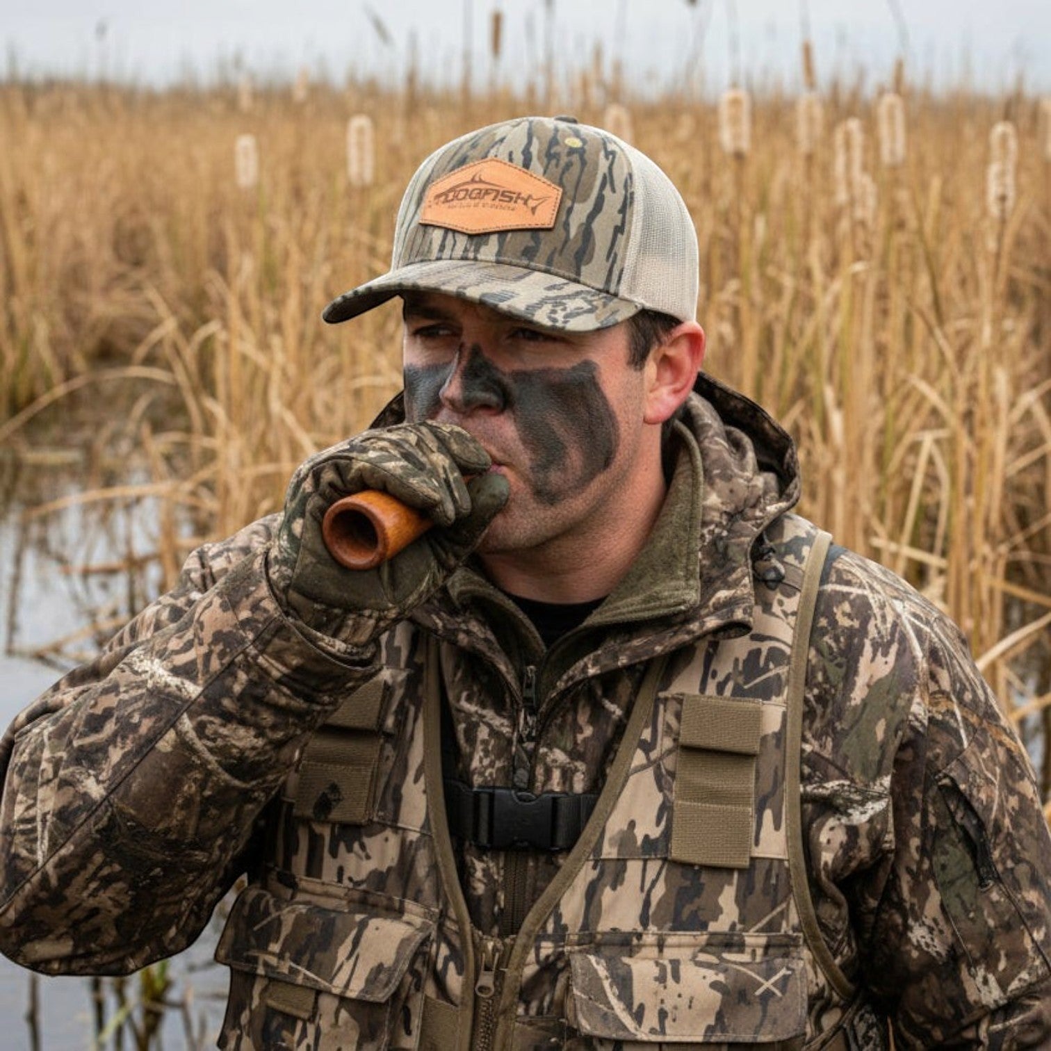 Dogfish Tackle & Marine camouflage trucker hat with leather patch, mesh back, and structured front panels. Worn by a hunter.