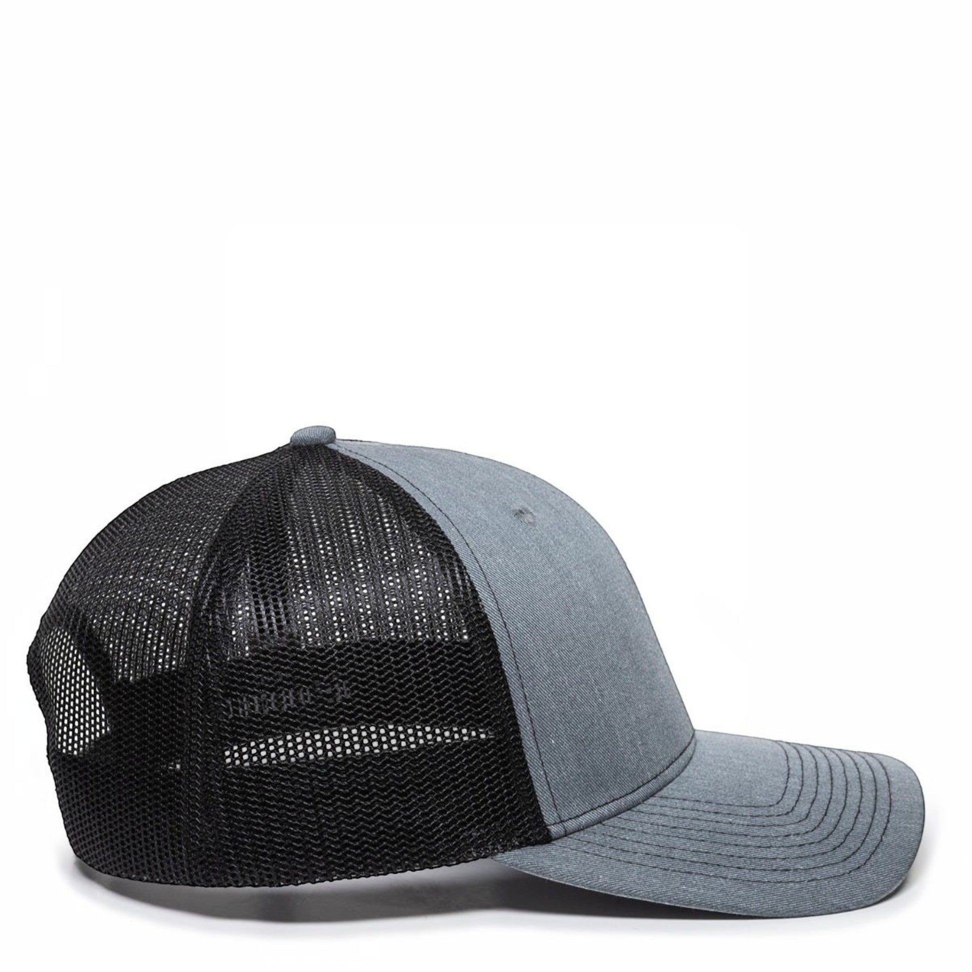 Dogfish Florida Native Premium Trucker Hat in heather grey with black mesh back panels and a slightly pre-curved brim.