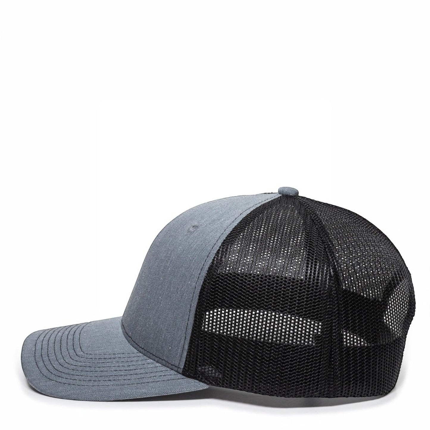 Dogfish Florida Native Premium Trucker Hat in heather grey with black mesh back panels and a slightly pre-curved brim.