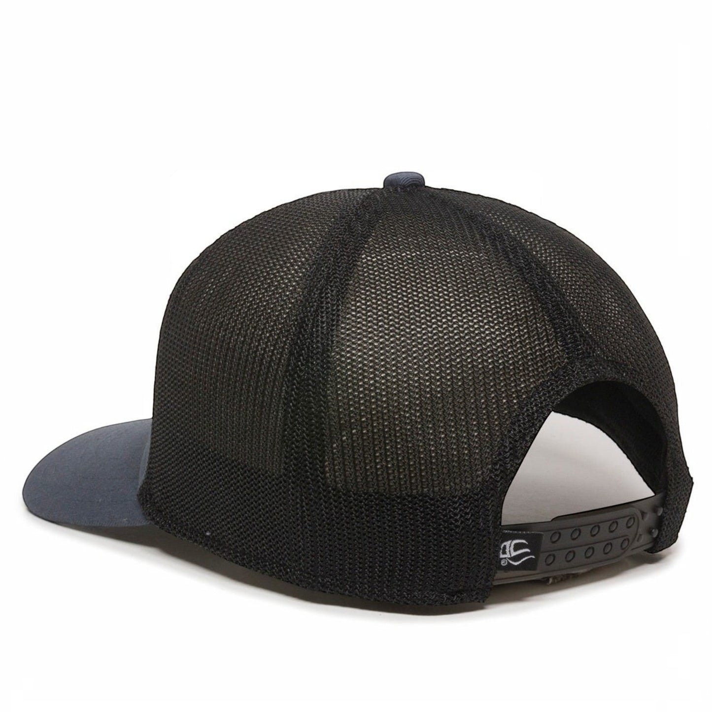Dogfish Tackle & Marine "Don't Tread On Me" trucker hat with black mesh back and navy blue front panels.