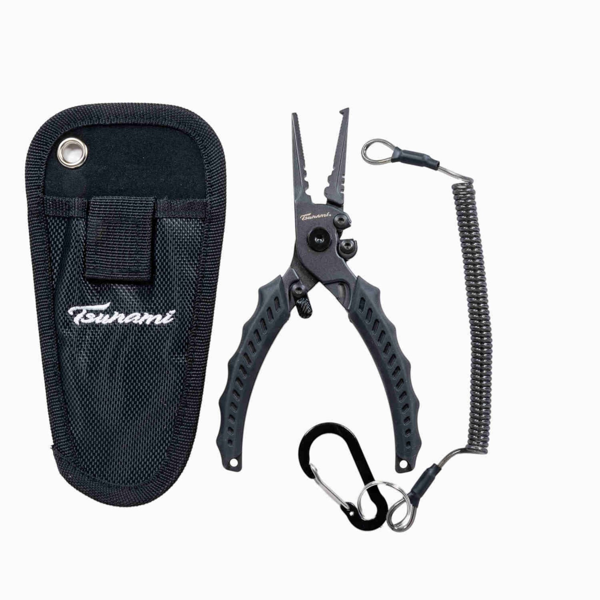 Dogfish Tackle & Marine Tsunami 6.5-inch stainless steel split ring pliers in black with sheath and coiled lanyard.