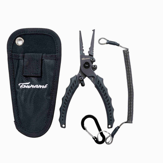 Dogfish Tackle & Marine Tsunami 6.5-inch stainless steel split ring pliers in black with sheath and coiled lanyard.